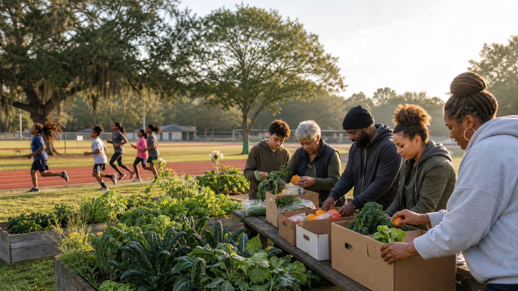 Community volunteers packing fresh produce beside garden beds while children run track nearby.